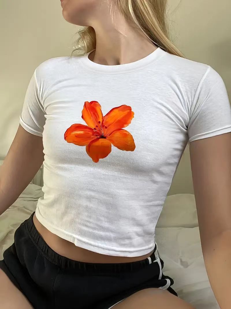 European And American Flower Print Round Neck Short Sleeve Midriff-baring Top T-shirt