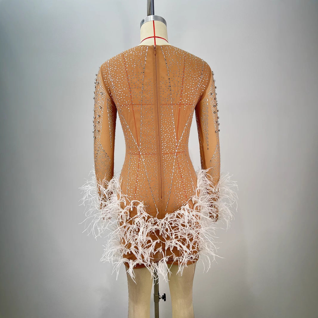 Fashionable Beaded Feather Round-Neck Dress
