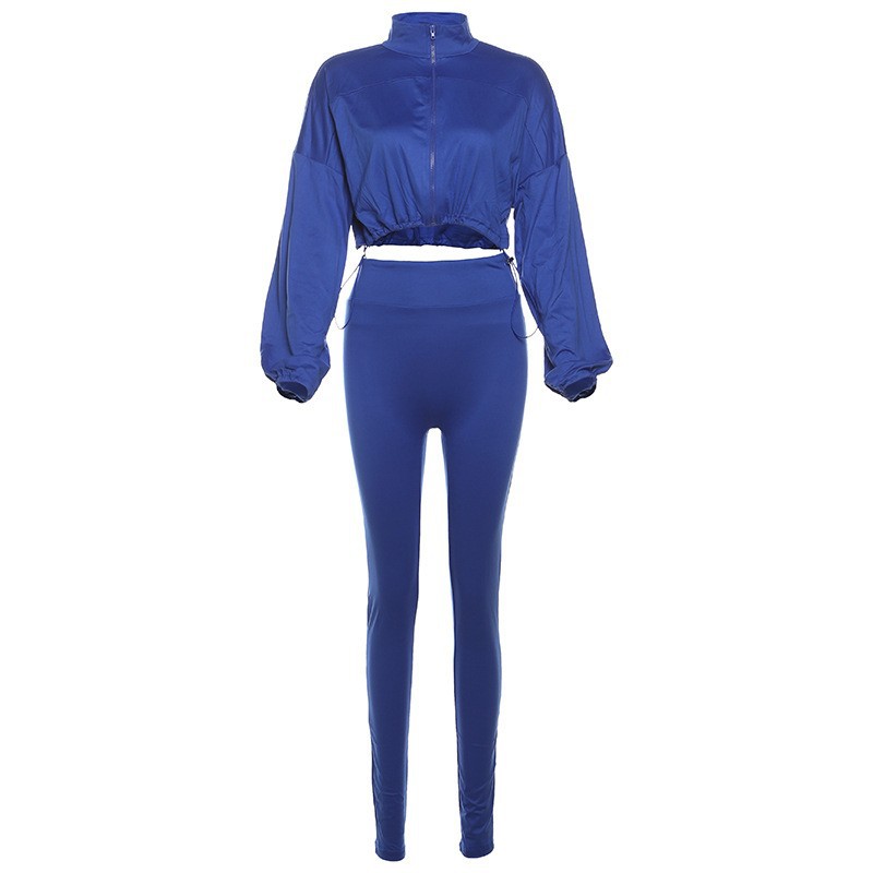 Drawstring Waist Zippered Midriff Baring Top Paired With High Waisted Solid Color Slim Fit Pants