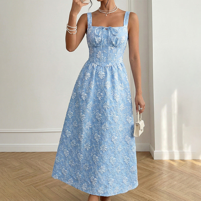 SpringSummer New Blue Jacquard Square-Neck French-Style Dress