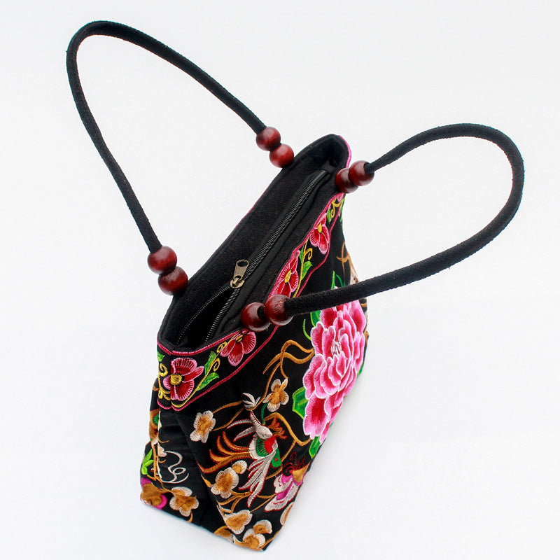 Ethnic Style Embroidered Handbag Wooden Bead Lace Bag