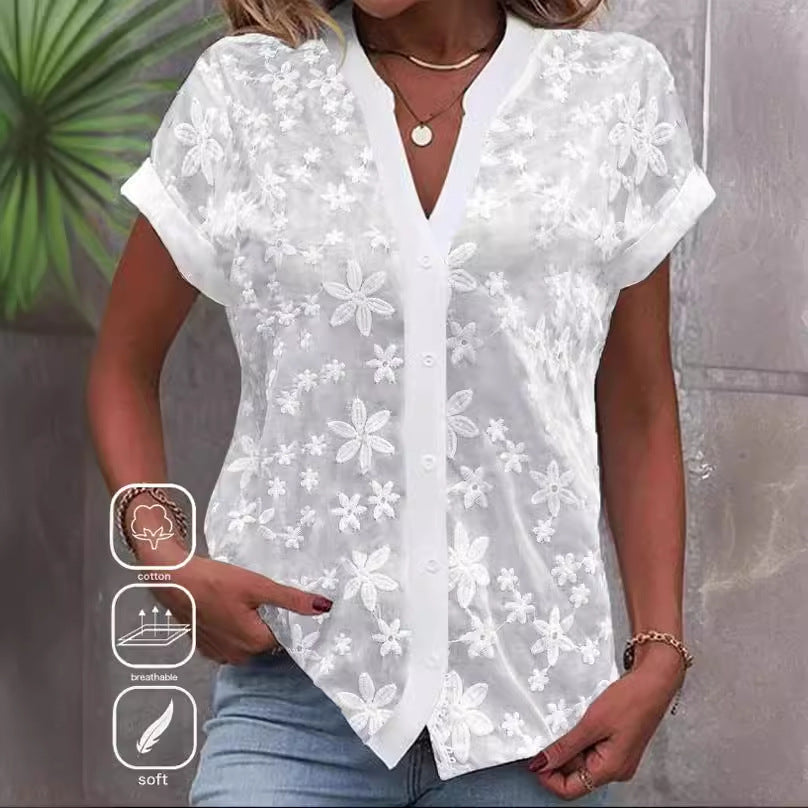 Summer Simplicity Casual V-neck Solid Color Shirt For Women