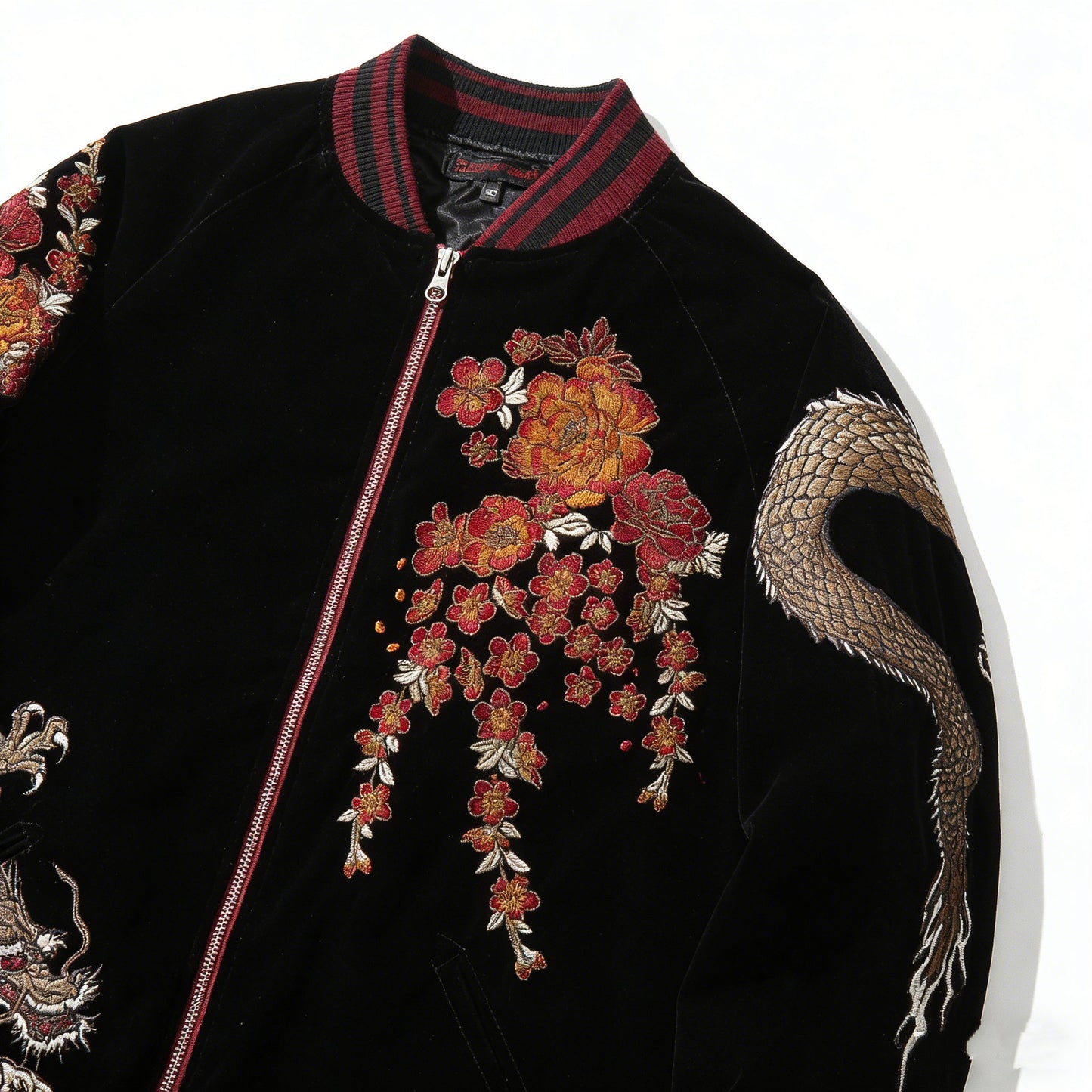 Embroidered Dragon Mens Casual Baseball Jacket With Two Dragons Playing With A Pearl Design
