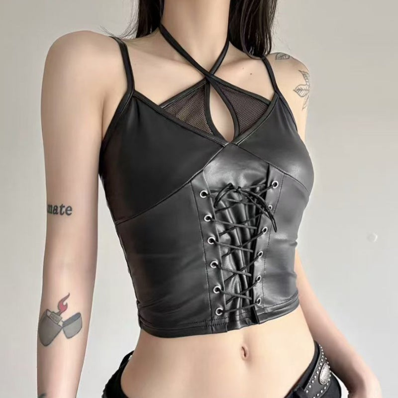 Sexy V-neck Halter Tied Slim Fit Slimming PU Leather Sling