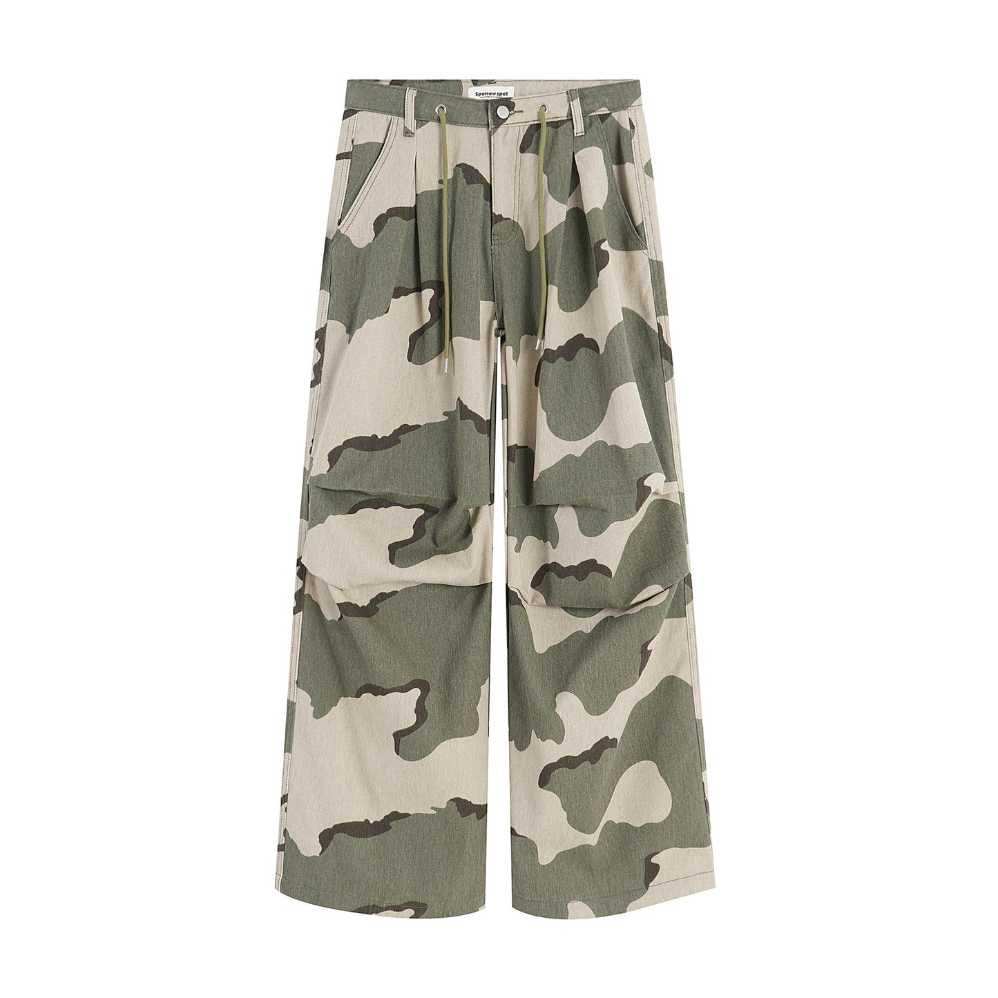 Retro Drawstring Pleated Camouflage Overalls Straight Loose Wide-leg Pants
