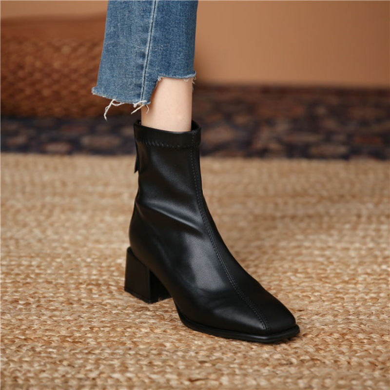 Women's Thick-heel Square Toe Mid-tube Martin Boots