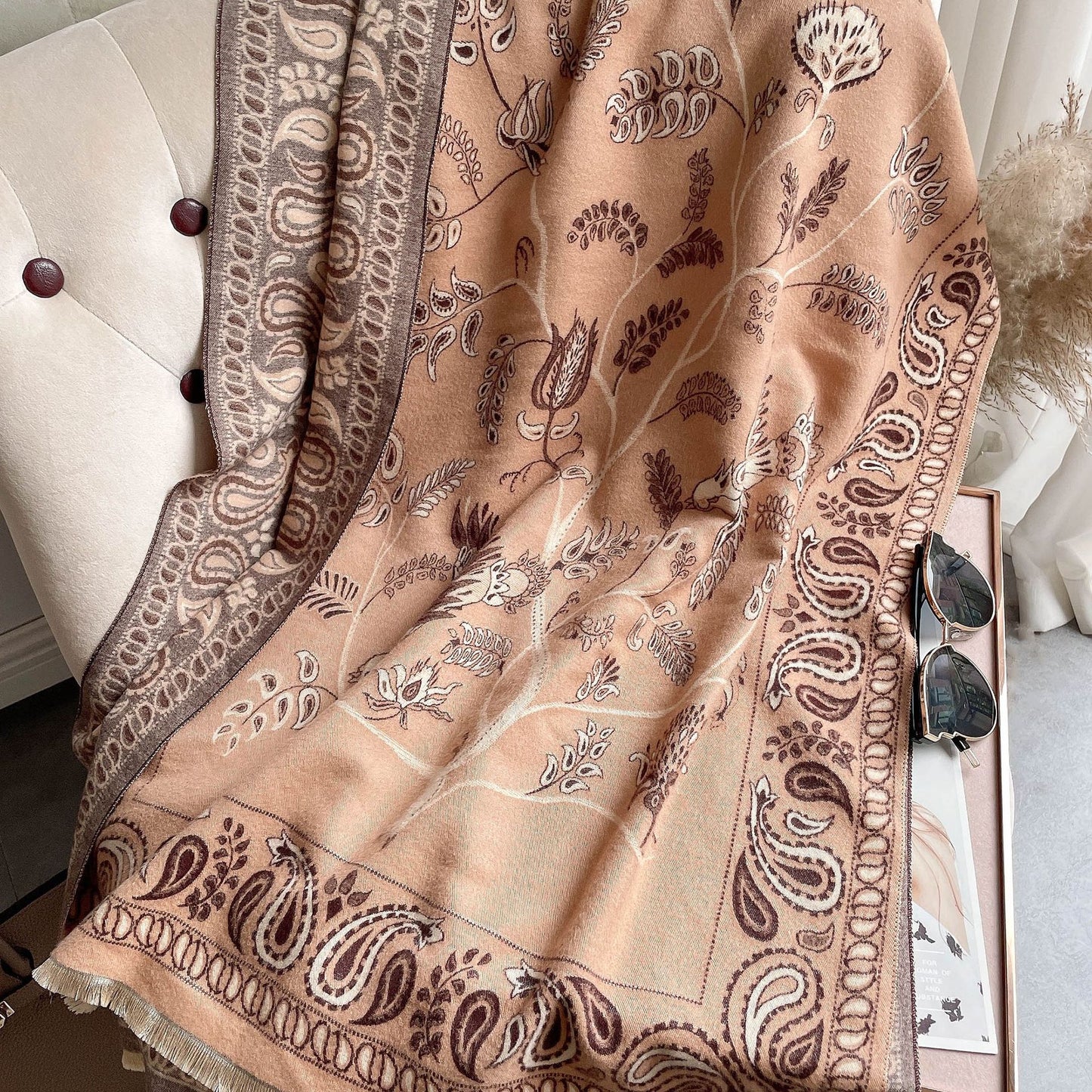Women's Neck Warmer Office Blanket Cashmere-like Tassel Warm Scarf