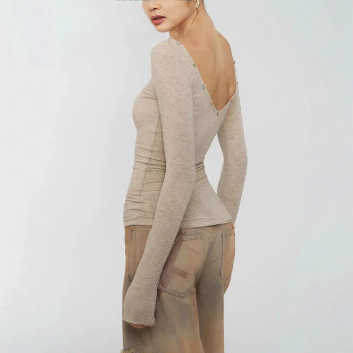 Reversible Button-front Off-shoulder T-shirt With A Slim Fit And Long Sleeves