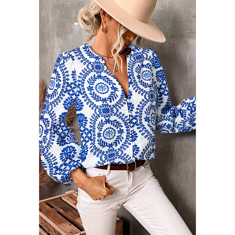 Slim-fit Long-sleeved Women's European And American Fashion All-match Multi-color Printed Shirt
