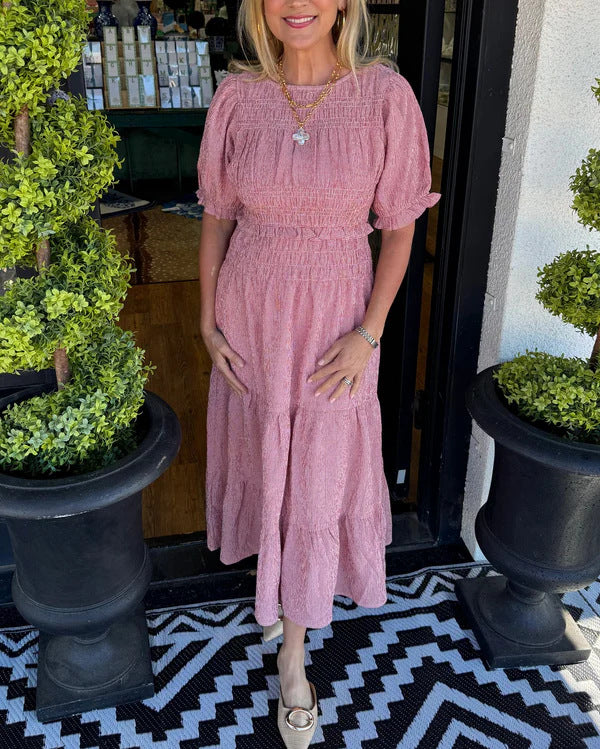 Women's Elegant Versatile Pleated Elastic-waist Short-sleeve Maxi Dress