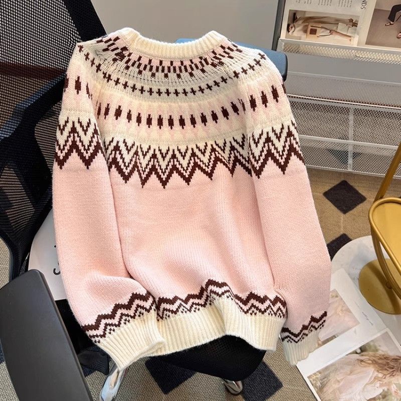 Womens Fair Isle Pullover Loose-Fit Extra-Soft Sweater
