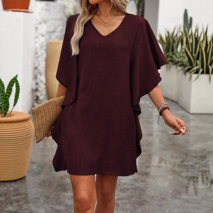 Solid-color Loose-fitting Flowing V-neck Dress With Ruffled Hem