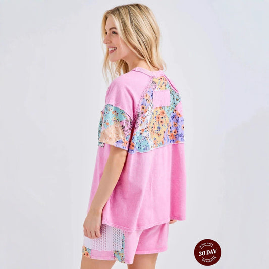 Casual Round Neck Short Sleeves Stitching Floral T-shirt Top