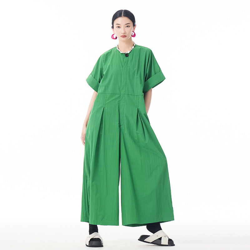 Fashion Large Buttons Round Neck Short Sleeve Cargo Overalls Summer