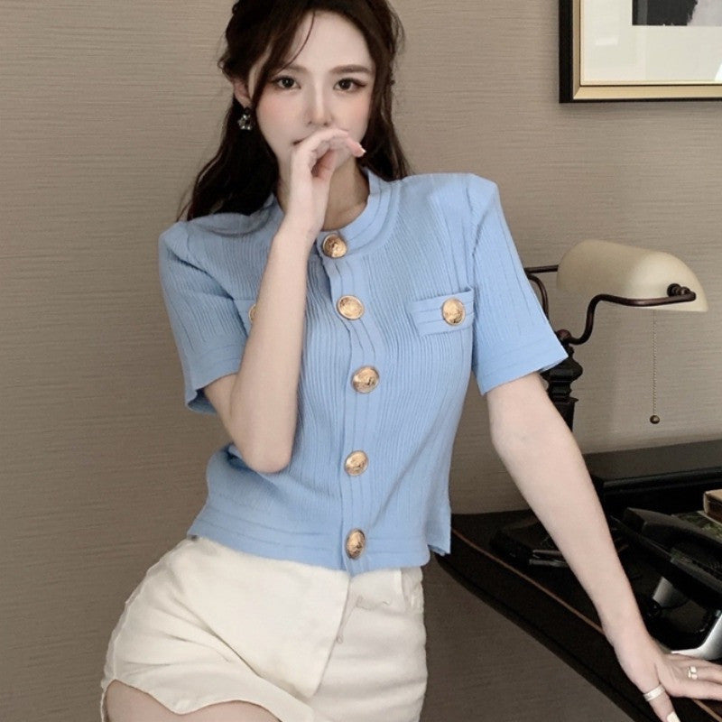 Women's Retro Western Style Round Neck Knitted T-shirt Top