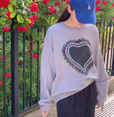 Temperament Crew Neck Heart Printing Design Loose And Lazy Style Versatile Long Sleeve