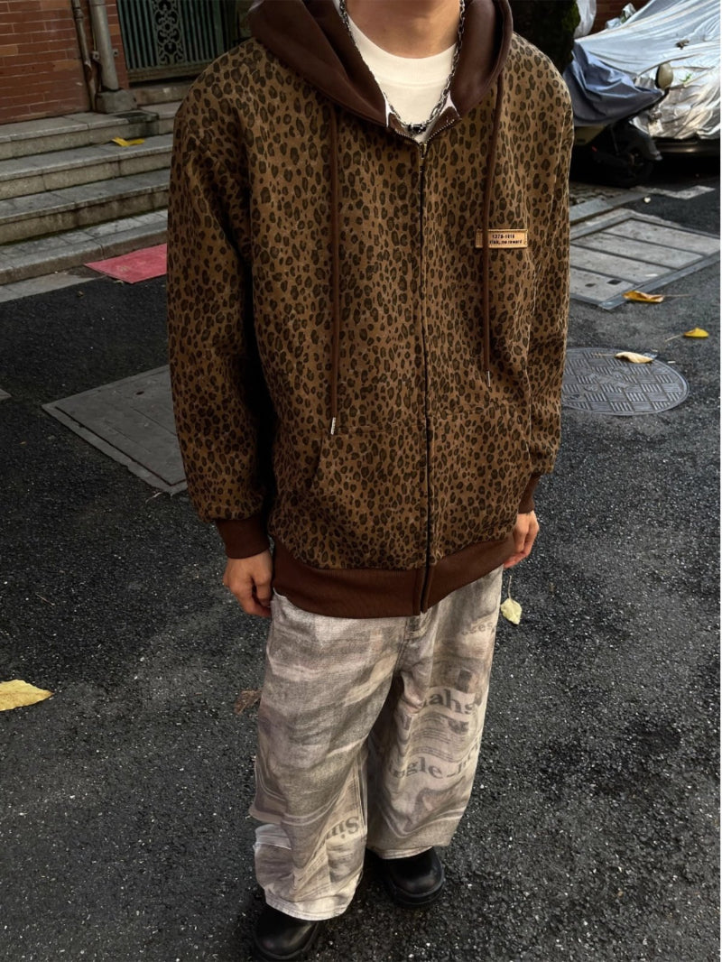 Retro Leopard-Print Zip-Up Hooded Cardigan Sweater High-Street Style Loose-Fit Casual Outerwear Top