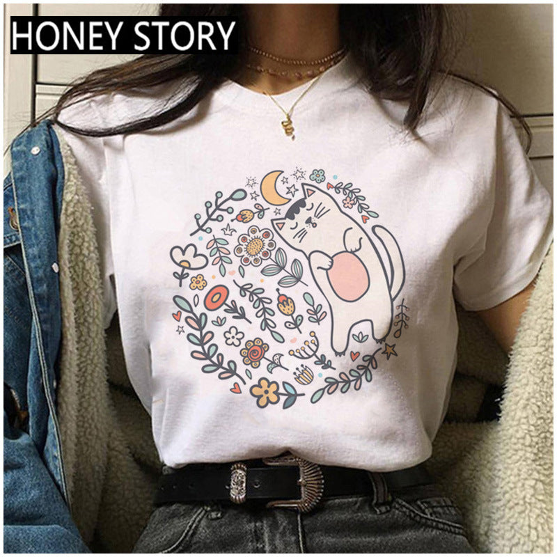 Kitten Print Round Neck Women's Loose Short Sleeve T-shirt