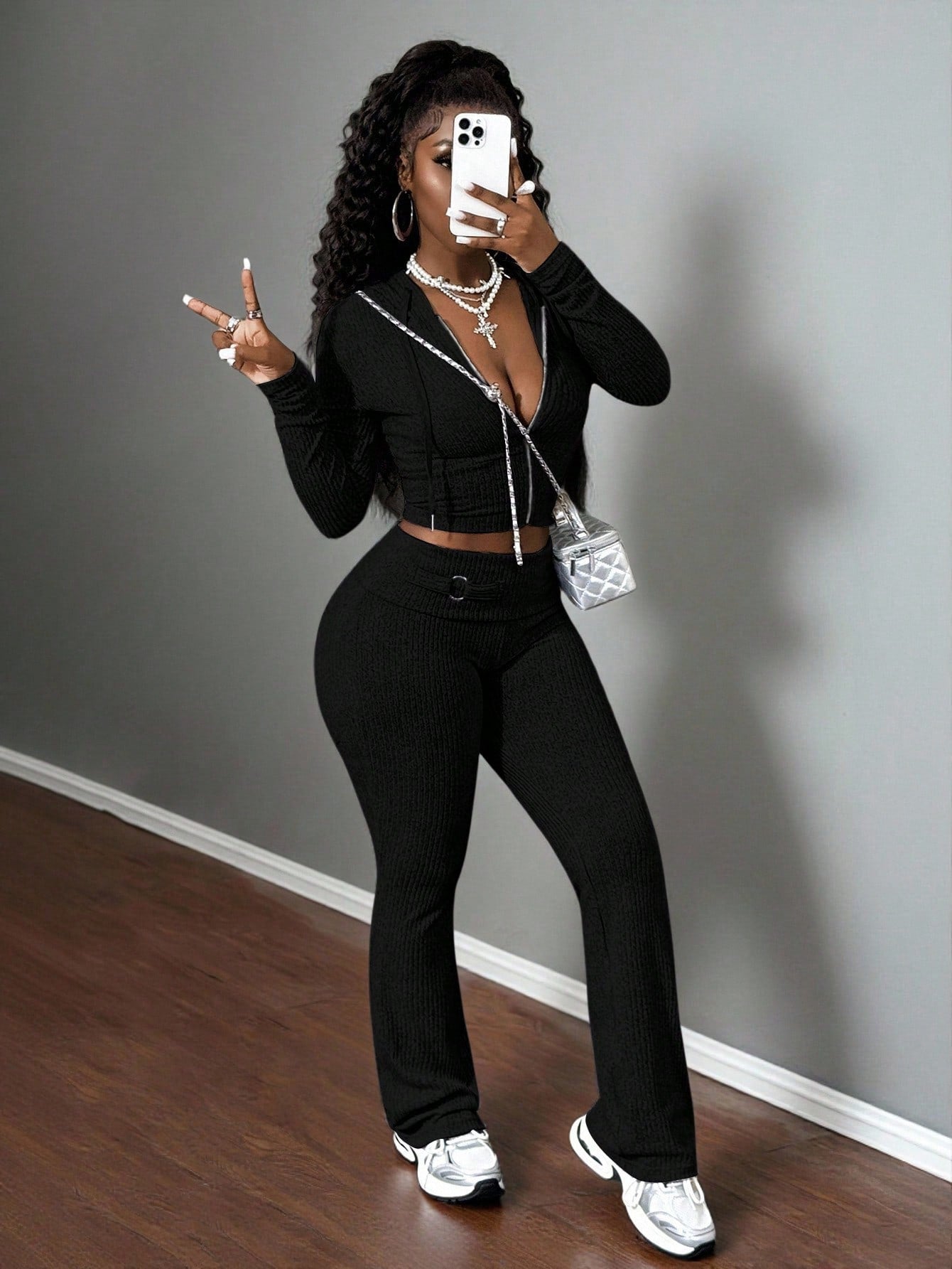 Knitted Ribbed Two-piece Full-length Pants Set