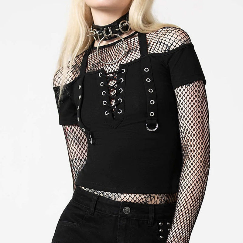 Europe And The United States Dark Wind Eyelet Strap Halter Top