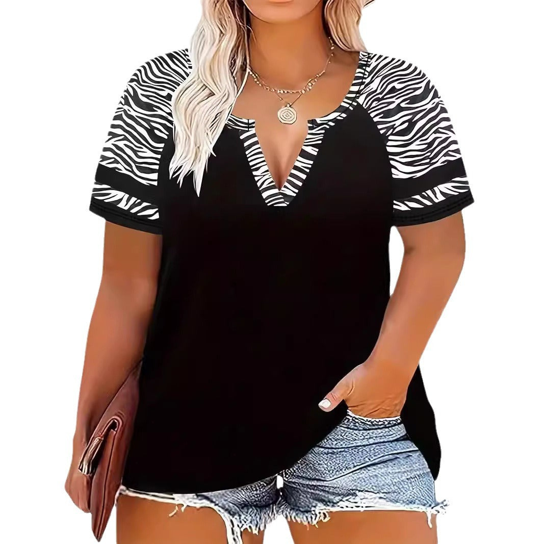 Leopard Print Printed V-neck Women's Versatile Casual Slim-fit Short Sleeve