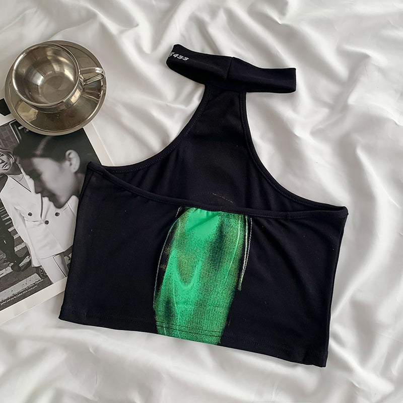Off-Shoulder Halter Abstract Spice Crop Green Print Tank Top