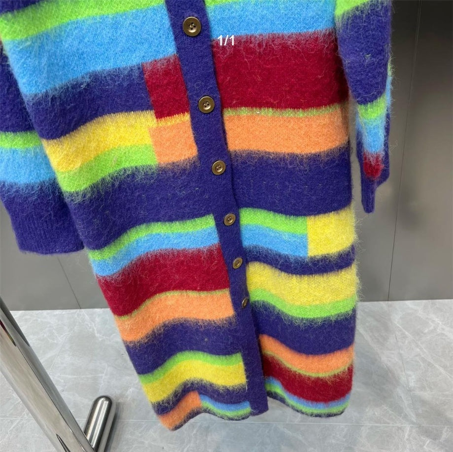 Retro Lazy Style Rainbow Striped Cardigan Sweater