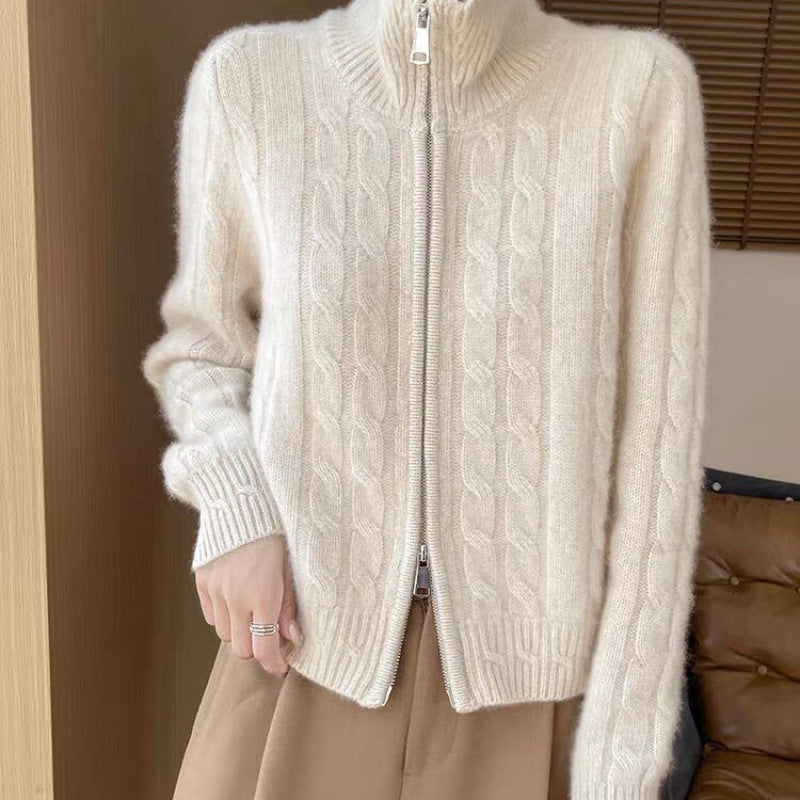 Womens Twist-Open Cardigan With Double Zippers And Lapel Collar