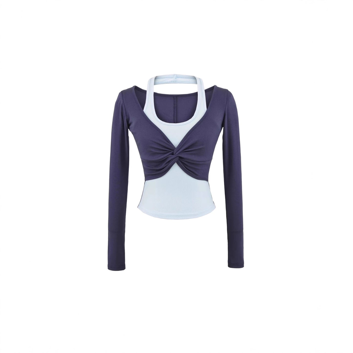 Women's Halterneck Colorblock Fake Two-Piece Long-Sleeve Top