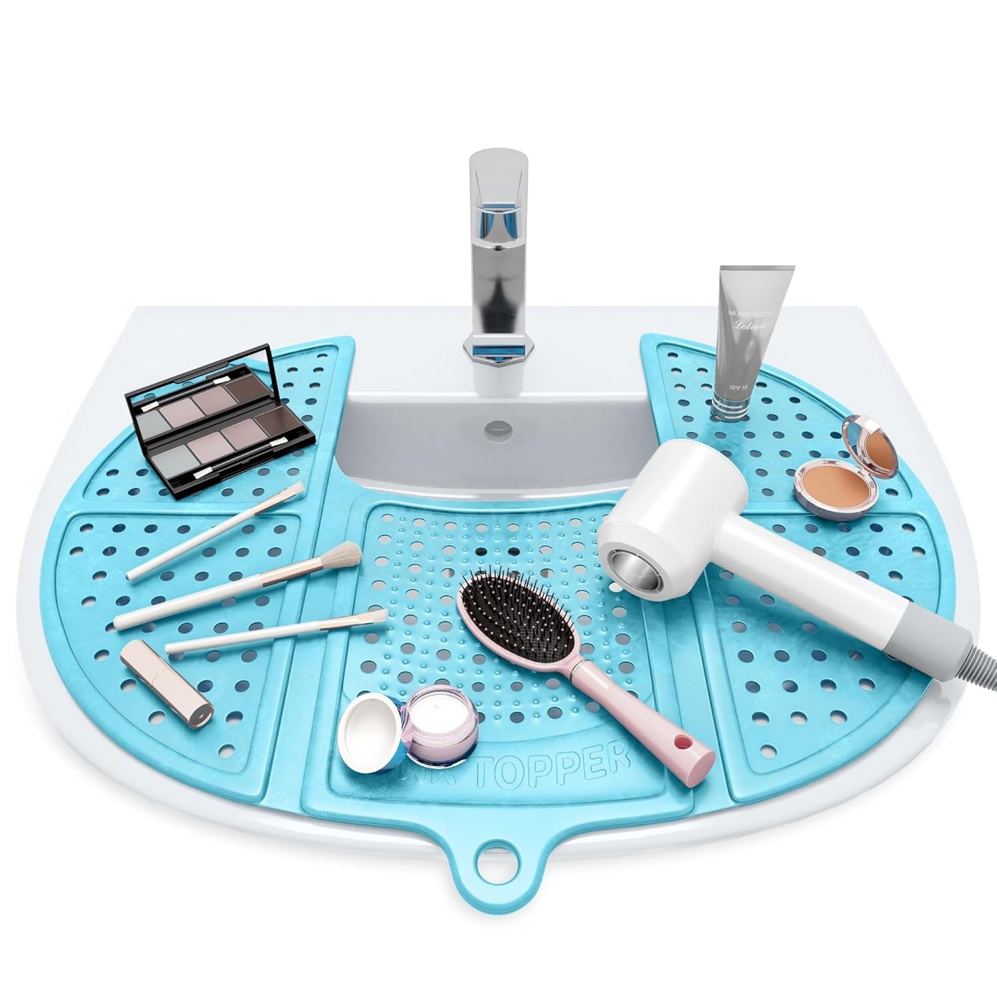 Bathroom Counter Cover & Storage Saver, Foldable Mat for Hot Tools, Hair Styling & Makeup, Beauty Brush Cleaning Mat, RV Camper Sink Cover & for Small Spaces (Standard Pacific Blue)