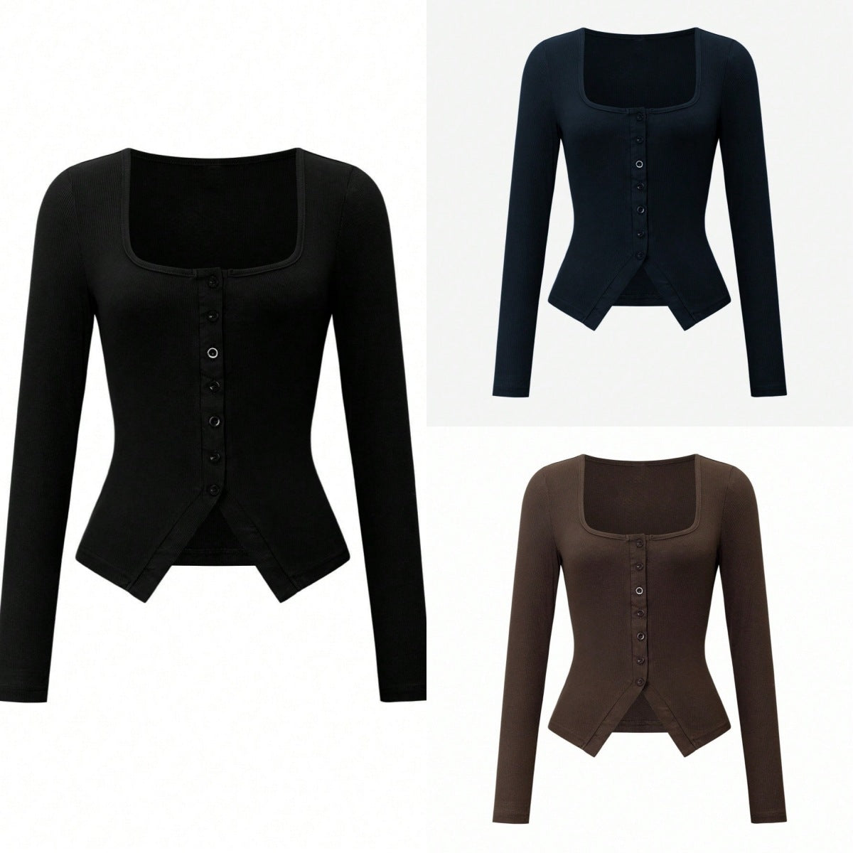 Winter Buttoned Innerwear Square-neck Long-sleeve Knit Top