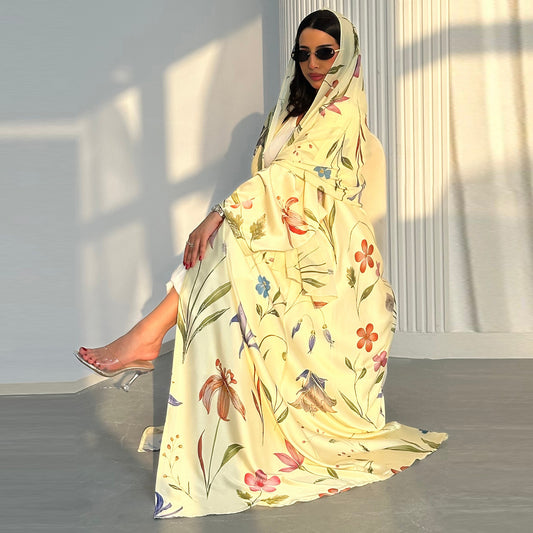 Womens Printed Two-Piece Set Long Robe With Hoodie Coat
