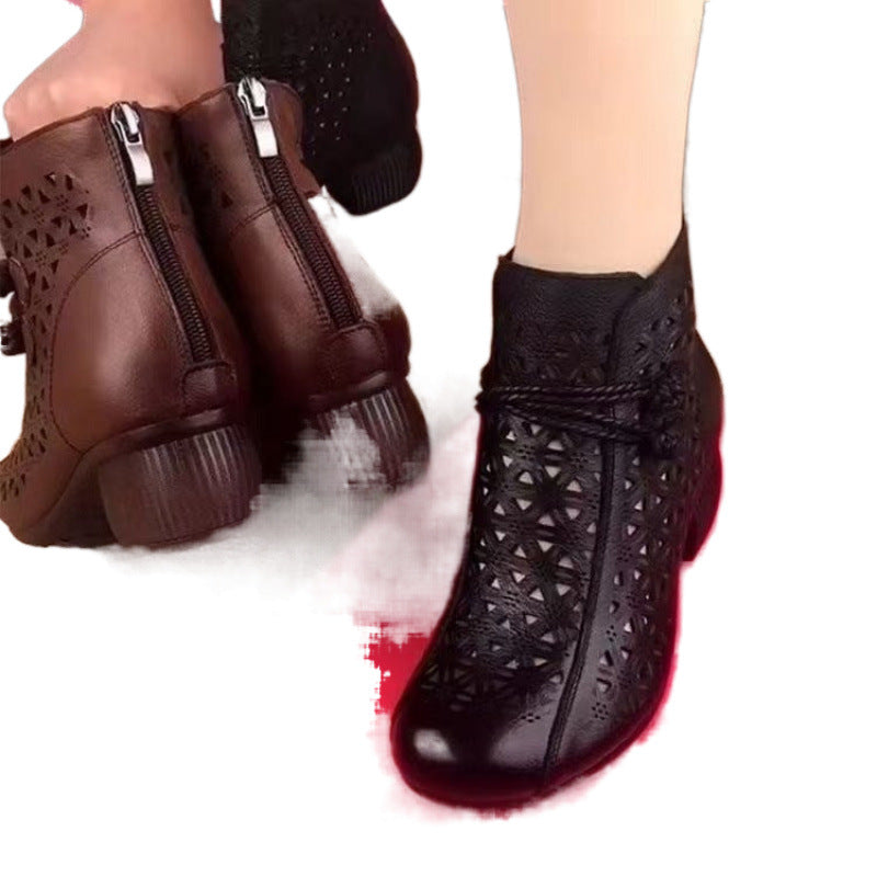 Leather Mid-heel Comfortable Retro Closed Toe Chunky Heel Hollow Sandals