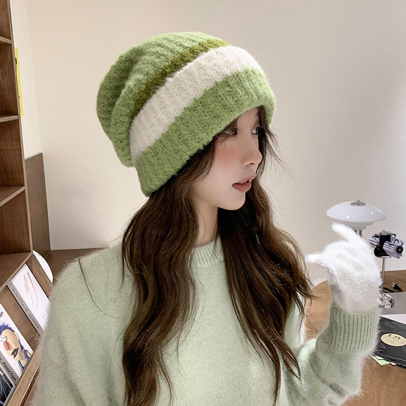 Large Head Circumference Knitted Wool  Colorblock Fashion