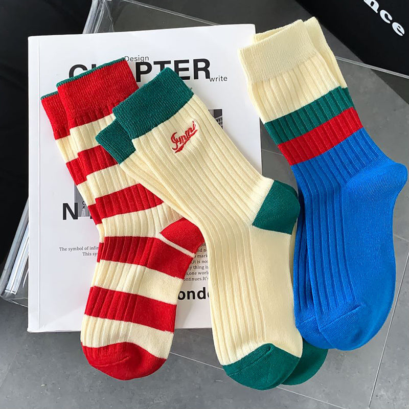 Socks Women's Red, Blue And Green Three-color Striped Trendy