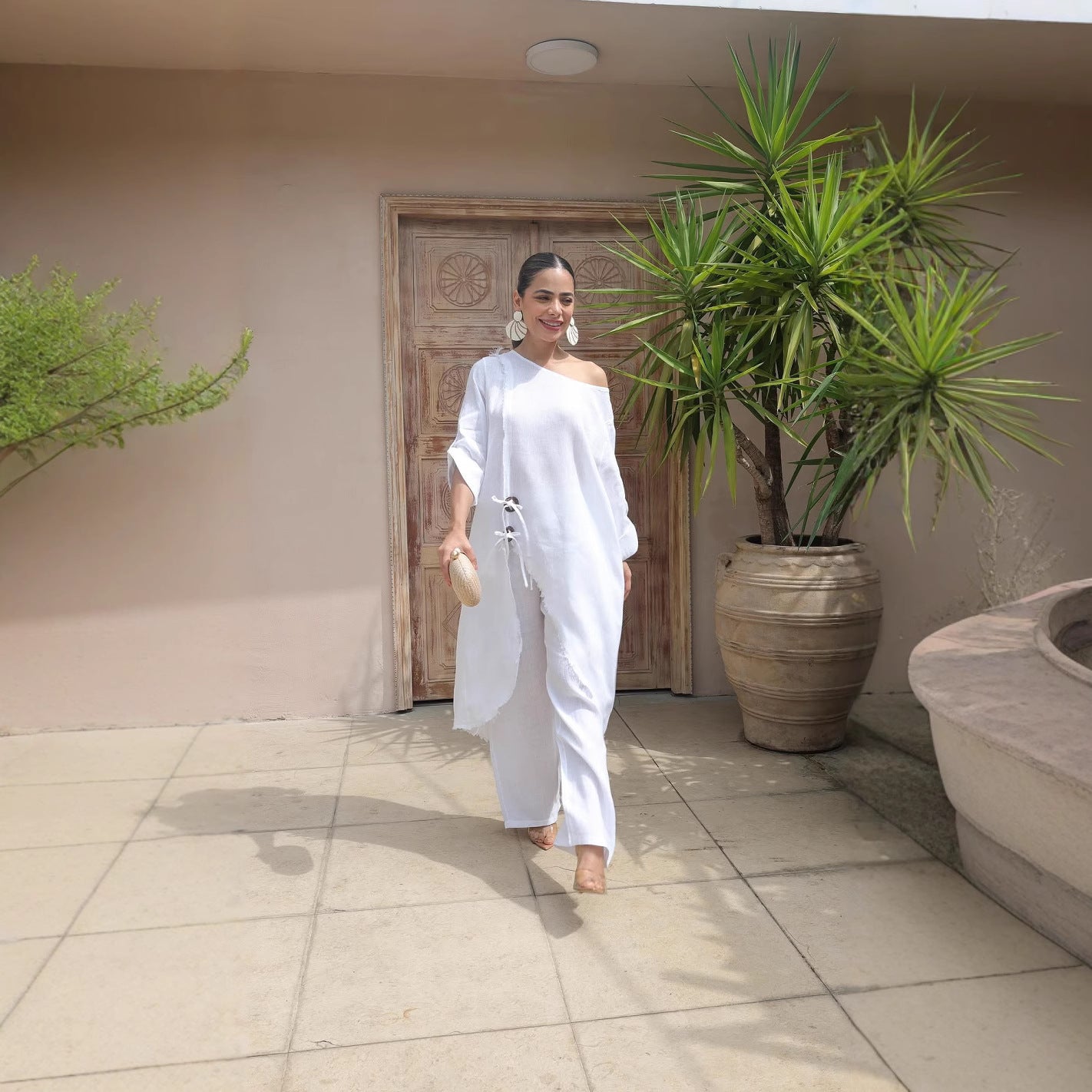Wooden-button Loose Asymmetrical Robe Set With Long Pants