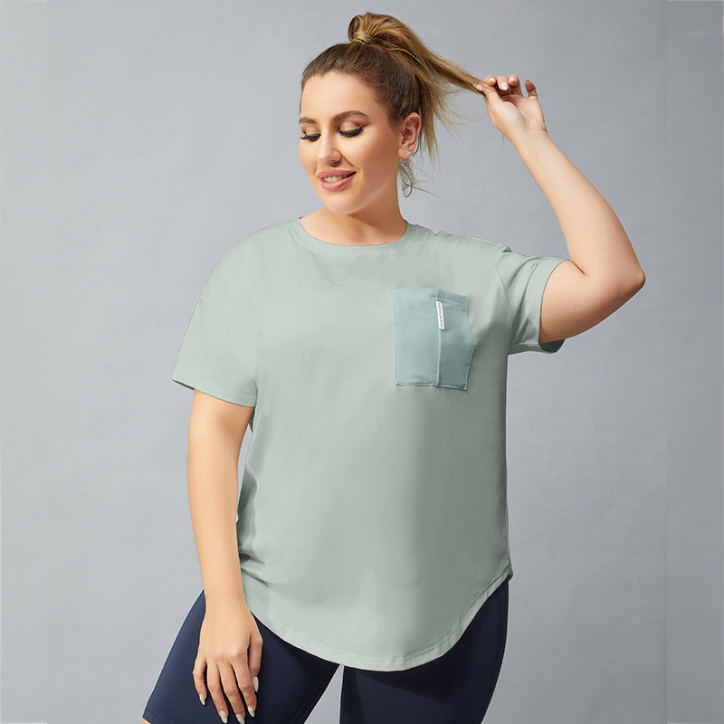Women's Sports T-shirt Fitness Pocket Stitching Yoga Short Sleeve Sweat