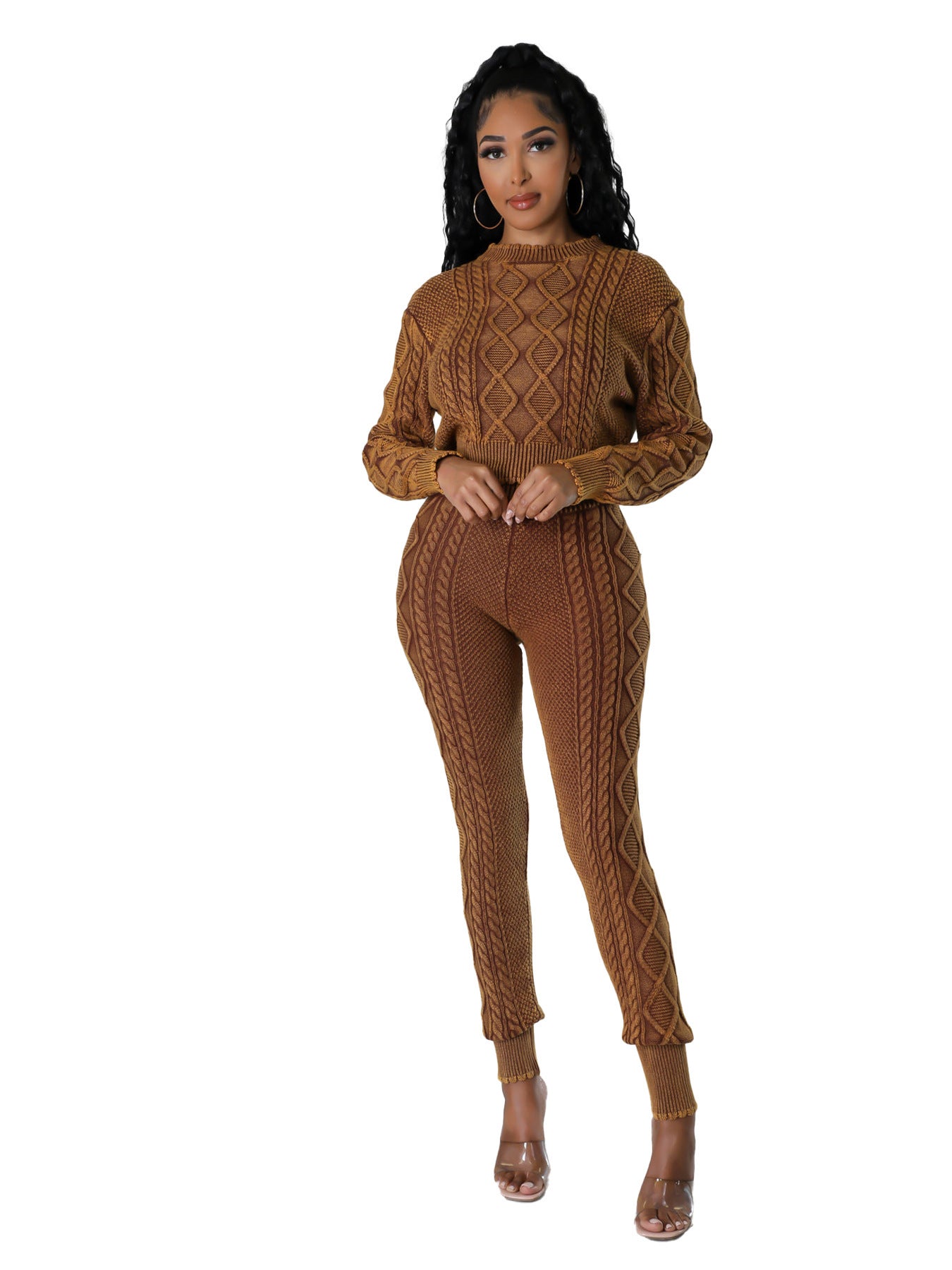 Women's Washable Vintage Knit Diamond Pattern Cable Sweater Set
