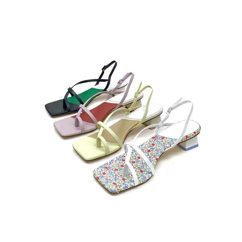 Printed Color-blocking Square Toe Flip-flop Mid-heel Fairy Style Back Strap High Heels