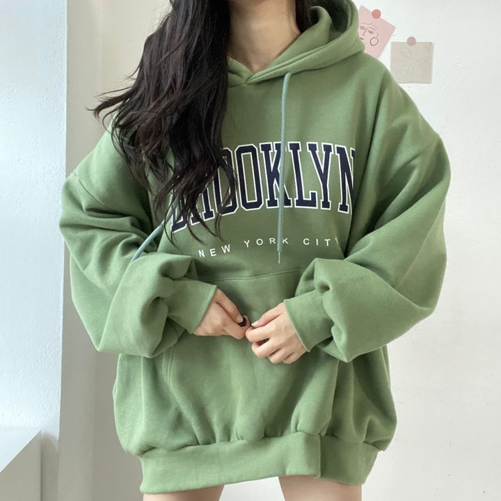 Sweater til damer, mellemlang, med bogstavprint, hætte, løs pasform