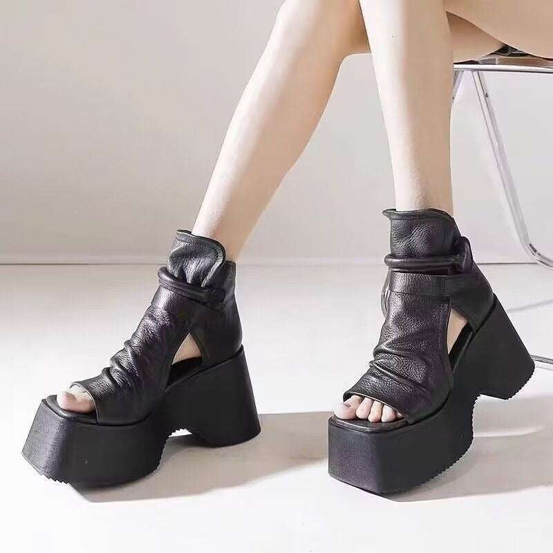 Womens Retro Platform Round-Toe Versatile High-Top Sandals