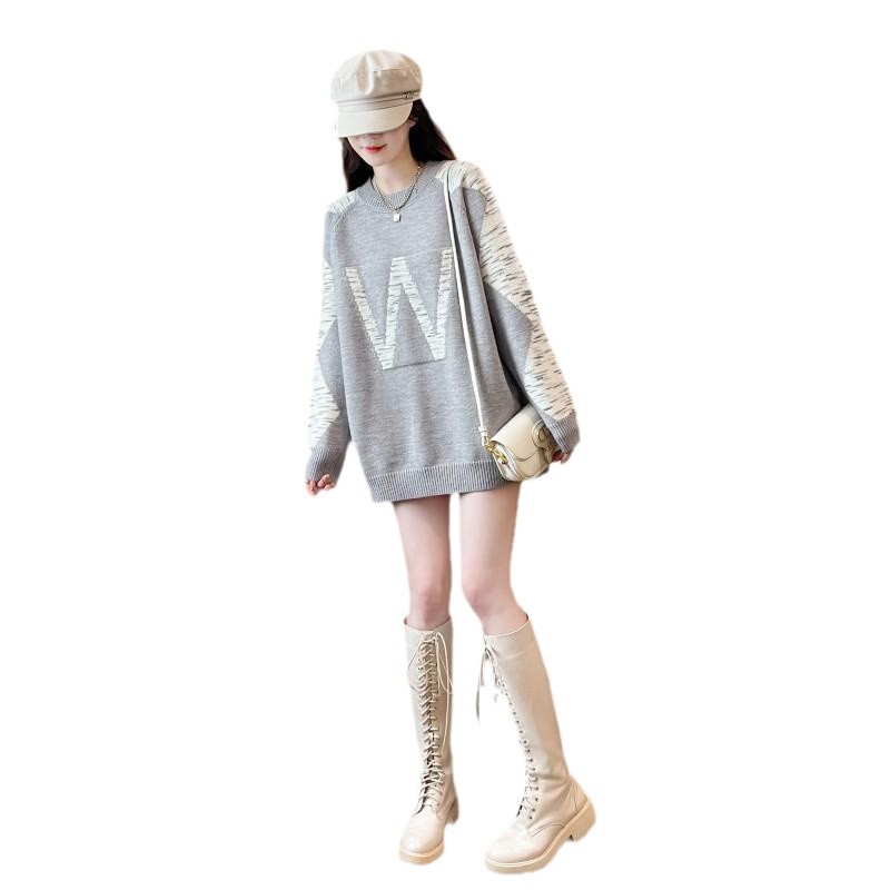 Contrast Color Letter Jacquard Crew Neck Pullover Sweater Women