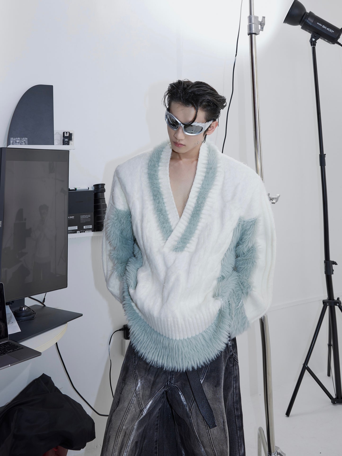 Men's Niche Plush Patchwork Knit Sweater Loose Sweater