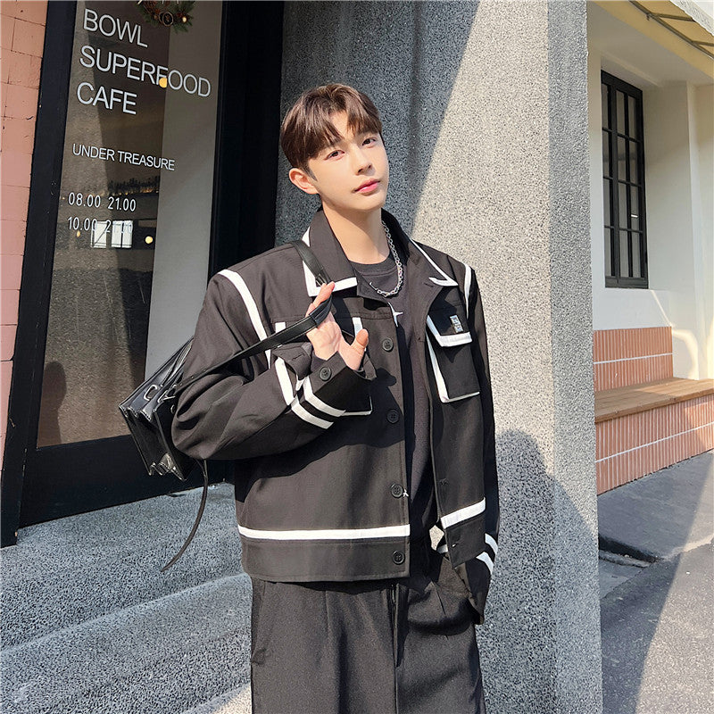 Single Black And White Color Contrast Three-dimensional Large Pocket Metal Button Jacket For Men