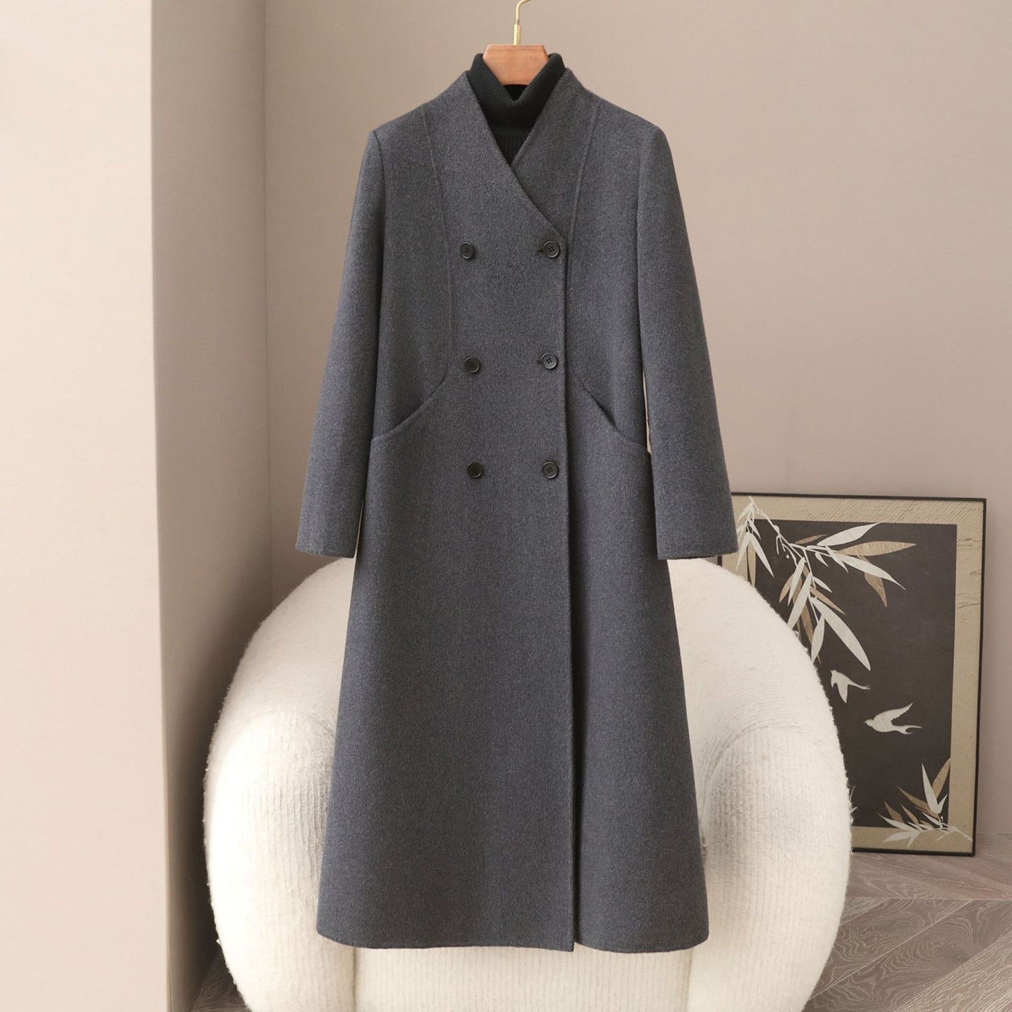 Mid-thigh-length Casual Double-breasted Wool Coat In Double-faced Wool