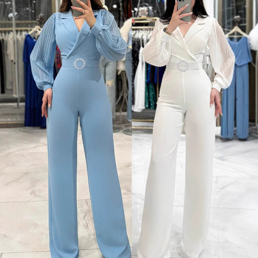 Fitted Jumpsuit With Pleated Long Sleeves And A Blazer Collar