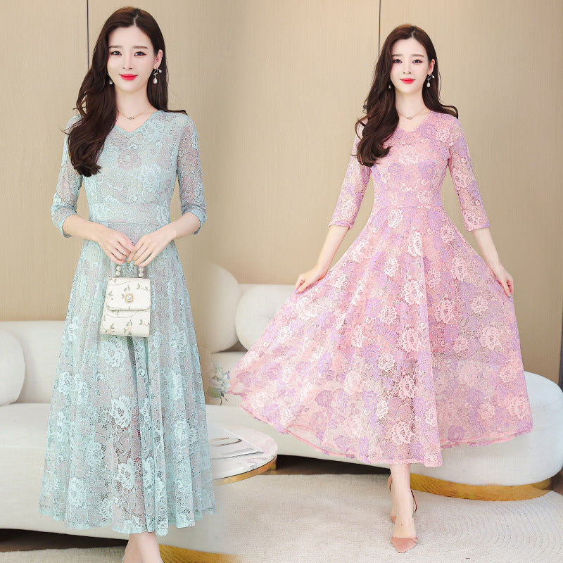 Lace Jacquard Dress For Women With Waistband