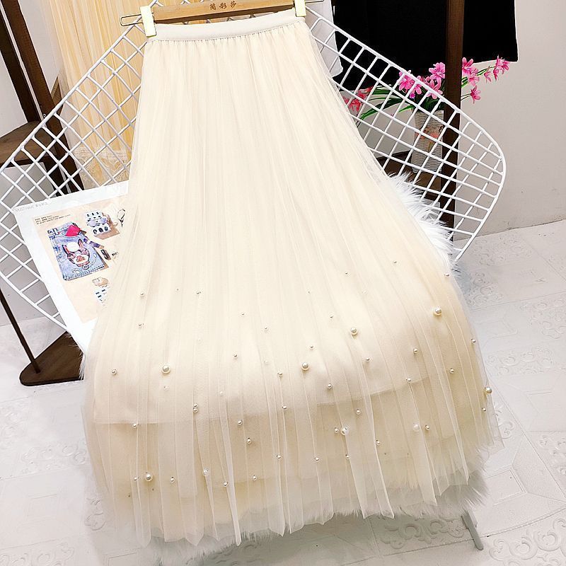 Pleated Mesh Skirt Women's Mid-length High Waist Long Skirt