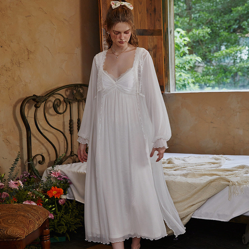 Long Pajama Set With Chest Pads Long Sleeve Camisole And Mesh Slip Dress Two Piece Set