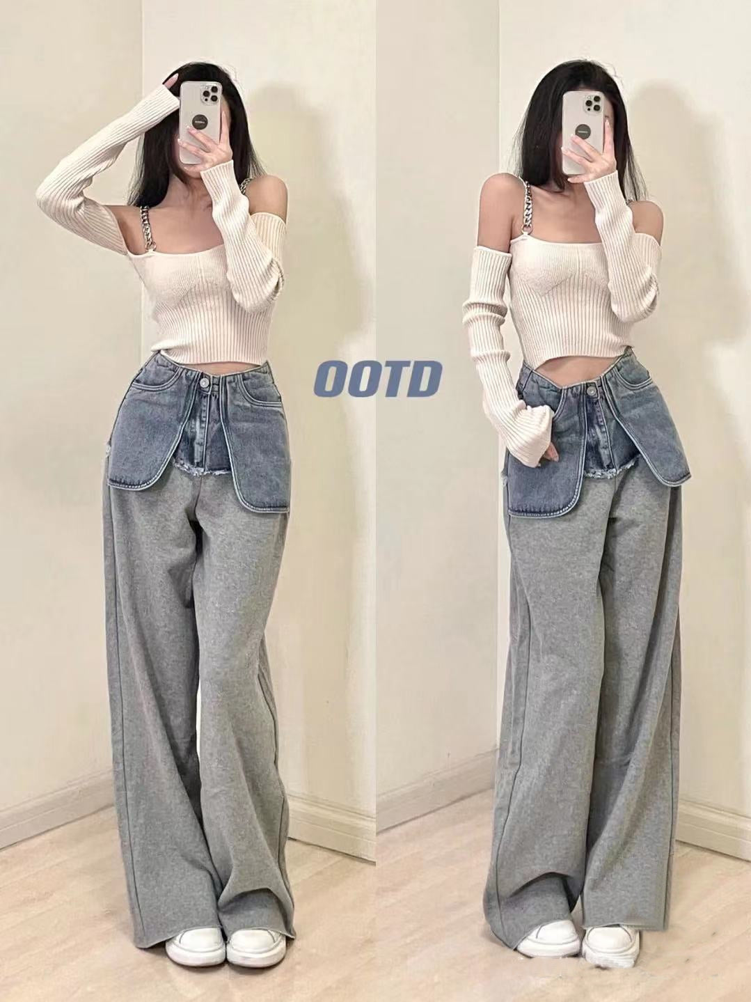 Women's Stitching Denim High Waist Casual Sports Pants